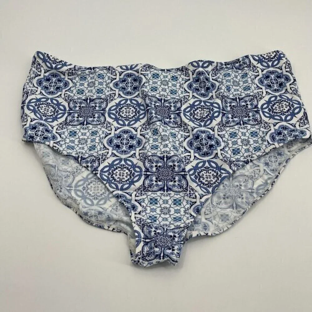 Boohoo Bikini Bottom 18 Womens Blue Plus Riley Casual Beach White Preppy Stretch